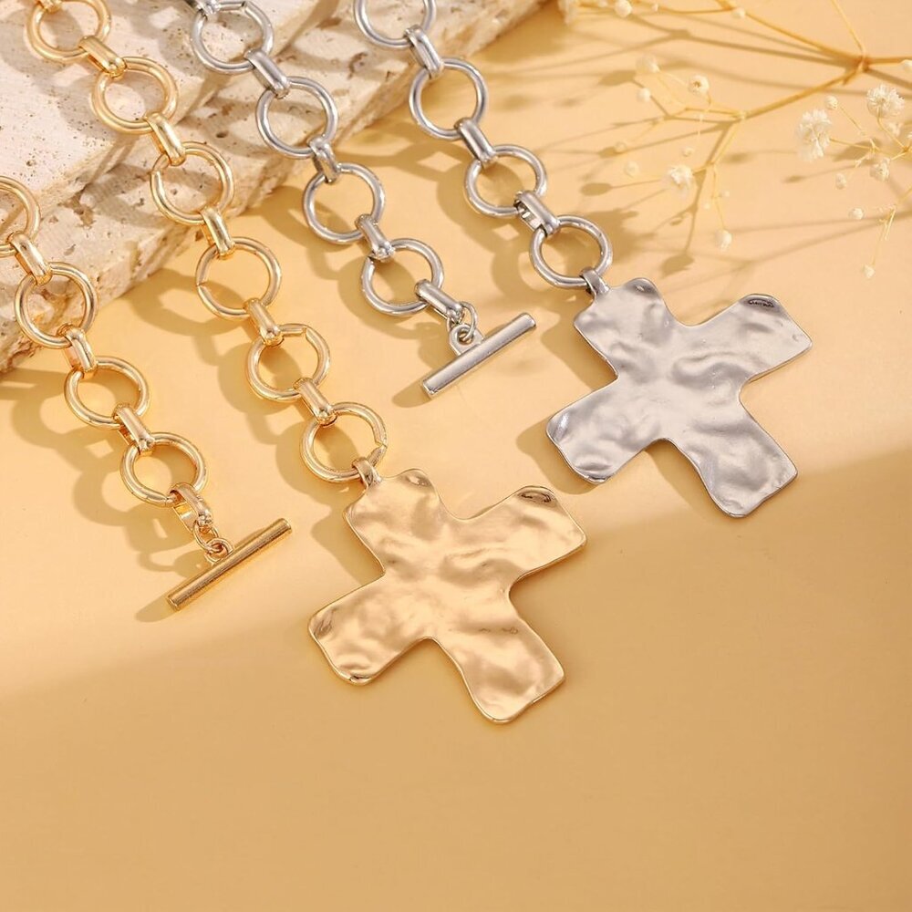 Women Gold 04 Pearl Cross Necklace - Chunky Gothic Punk Vintage Cross Jewelry - Picture 7 of 9